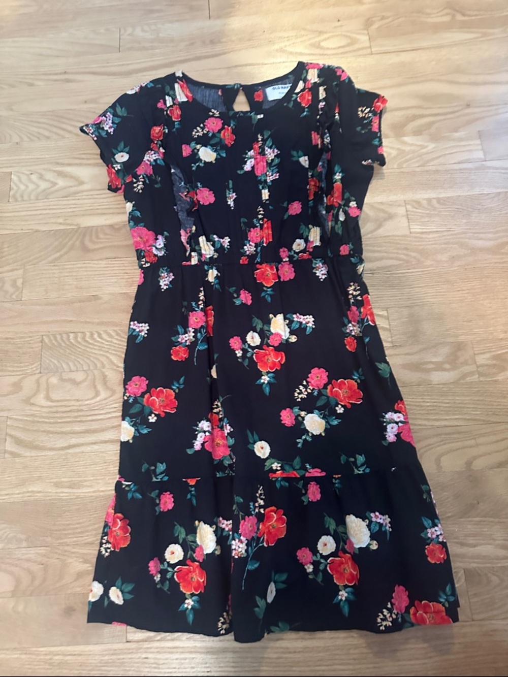 Old Navy Black Floral Tiered Dress with Pink, Red & Cream Blooms